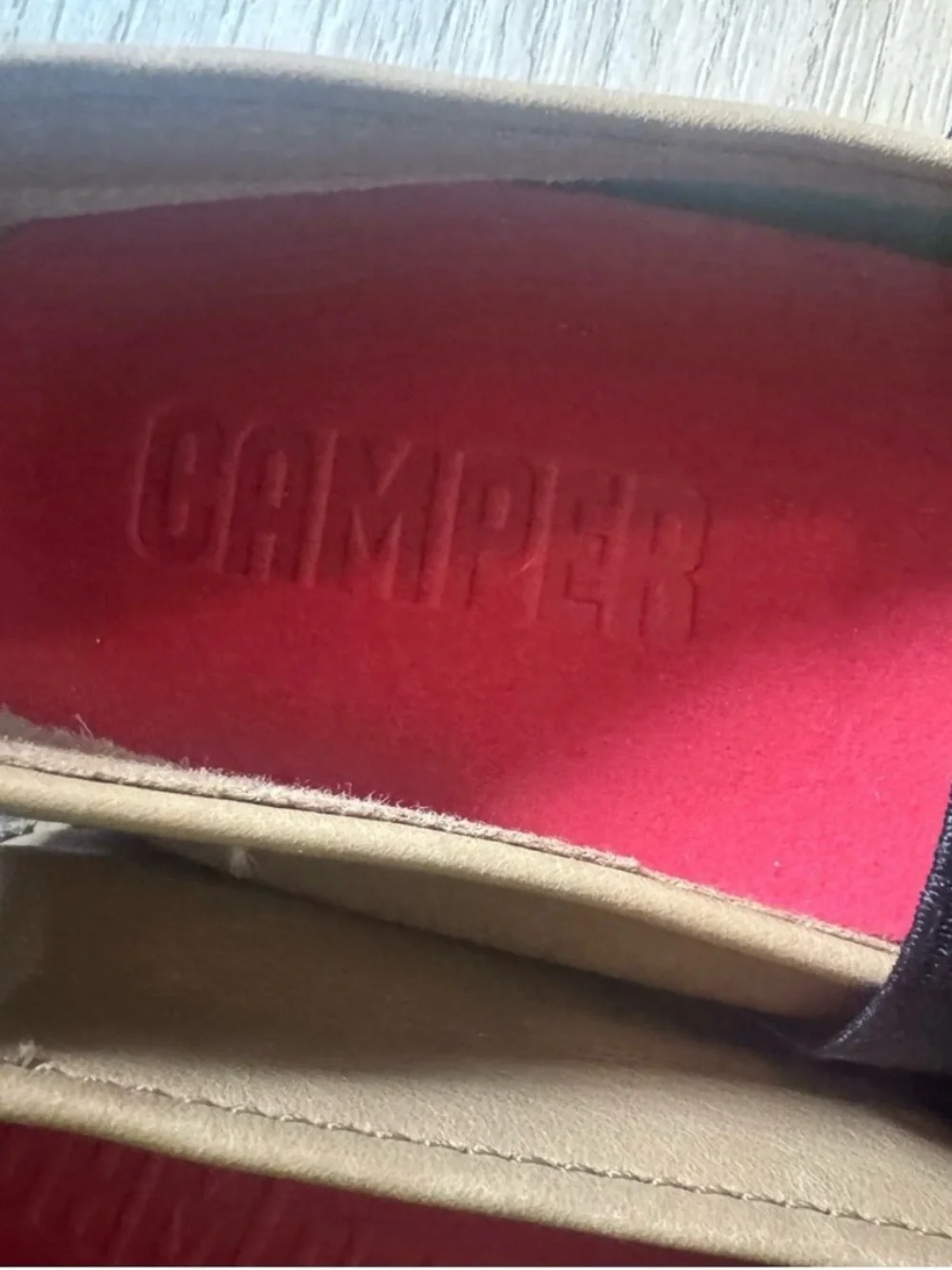Camper Tan Leather Mary Jane Flats with Black Strap and Red Insole